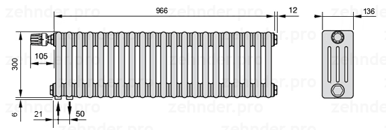 Схема (чертеж) Радиатор Zehnder Charleston 4030/21 №V001 Белый глянцевый RAL 9016